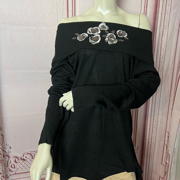 Hayden Park Black Embroidered Beaded Long Sleeve Knit Sweater Top - Picture 3 of 15